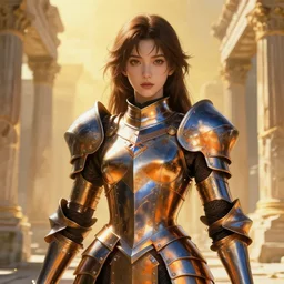 portrait brown hair knights of zodiac girl, metalic orange and dark blue reflected armor, in ruined agora of athens, ssci - fi, fantasy, intricate, very very beautiful, elegant, golden light, highly detailed, digital painting, artstation, concept art, smooth, sharp focus, illustration, art by tian zi and wlop and alphonse mucha