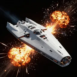 stealth starship bombing a capital starship. explosions, action shot. pulp sci - fi art. high contrast.