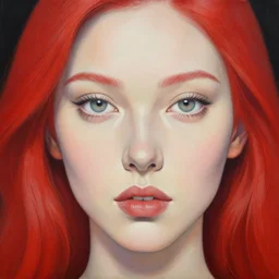 a painting of a woman with red hair, striking eyes, an ultrafine detailed painting by rafal olbinski, behance contest winner, pop surrealism, detailed painting, very detailed, minimalist, skeuomorphic, airbrush art