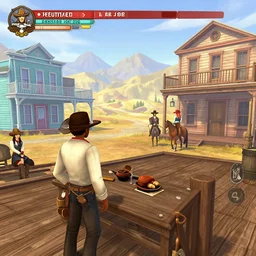 screenshot of gameplay dating simulator game set in 1 8 6 0, interior of old west saloon, featuring african american and japanese cowboys and cowgirls in ghost town with buildings painted bright pastel colors, morning light with mountains in the background