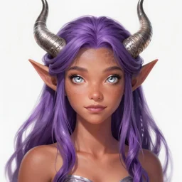cute Whimsical Tiefling Druid with cute horns and long purple hair,silver eyes, light-brown skin,  D&D, fantasy, portrait, highly detailed, digital painting, artstation, concept art, sharp focus, illustration, art by greg rutkowski and alphonse mucha