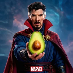 a marvel movie poster of doctor strange holding an avocado, amazing detail, cinematic, marvel logo