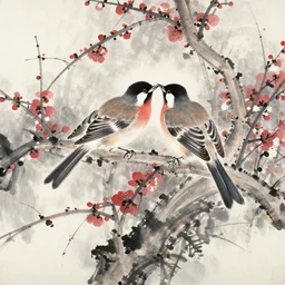 a beautiful painting two nightingales kissed on the plum tree, by zhang daqian painting