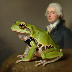 a side profile painting of an amazon tree frog with a black waistcoat, an american romanticism painting by john trumbull, cgsociety, soft focus