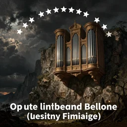 fantasy matte painting of a city-size pipe organ hanging on the side of a massive cliff at night, dark stormy weather by Canaletto and Bellotto