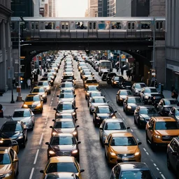busy nyc street , dense traffic metro train on bridge over street, cinematic lighting, professional photo