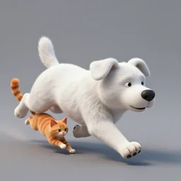 concept art, white nasty dog running after clever orange cat, action shot, 3 d, blender, exciting sequence, detailed, trending on artstation