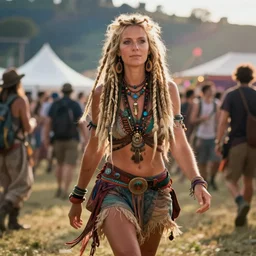 portrait of a stunningly beautiful hippie woman with blonde dreadlocks walking in a music festival, by bruce davidson