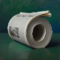 a surrealist painting of an abstract gray newspaper roll in a dark green and blue gradient background. painting Kay Sage and Salvador Dali. shallow depth of field