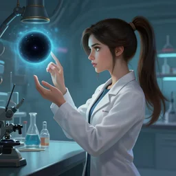 a league of legends concept art of a beautiful young female scientist in a laboratory investigating a black hole, style by jordan grimmer and greg rutkowski, side view, ponytail, elegant, sharp focus, morandi color scheme, illustration, high quality, highly detailed, digital art, 4 k wallpaper, hyperrealism