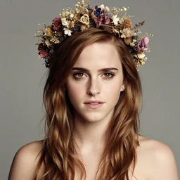 fine art photo of the beauty goddess emma watson, she has a crown of dried flowers, by oleg oprisco