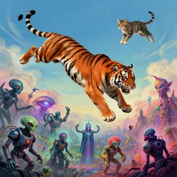 tiger flying in the sky ; cat flying in the sky ; panther flying in the sky ; humans being devoured ; aliens, robotic machines, gods, bio - mechanical intelligences, glitch creatures, dmt entity ; lsd art, trending on artstation, style greg rutkowski