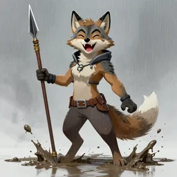 an anthropomorphic maned wolf furry anthro girl standing in the muddy rain, laughing with a spear in her hands. league of legends splash art by yoji shinkawa and wayne reynolds