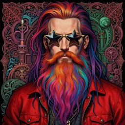 detailed hipster skinny man with star sunglasses, long vibrant colored beard, dmt, by james gurney + intricate and vibrant work + portrait + trending on artstation + incredible gothic illustration + exquisite detail + red shirt