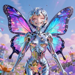 ultra detailed illustration of a butterfly anime girl made out of liquid chrome, melting face, smiling, grillz, lost in a dreamy fairy landscape,  by ,Karol Bak, colorfull, vivid colors, 8k, anime vibes, octane render, uplifting, magical composition,  artstation