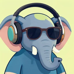 a closeup of a elephant with headphones and sunglasses in retro colors, synthwave style, 2 d digital vector art