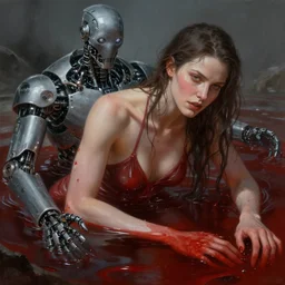 A beautiful detailed painting of Dolores Abernathy bathing in blood, robot revolution, apocalypse, highly detailed, digital painting, artstation, cgscoiety, cinematic, intricate, smooth, sharp focus, illustration, Unreal Engine 5, concept art, 8K, art by Westworld and Esao Andrews.