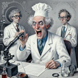 surreal hyperrealistic overdetailed maximalist fantastic painting of a crazy scientist in lowbrow style by dejan jovanovic and andrei raibovitchev. tomasz alen kopera. in the style of heidi taillefer. clean polished. intricate linework. extremely ornated