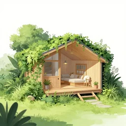 ( ( dither ) ), illustration angled view at a cozy cabin designed by zaha hadid, lush overgrowth, foliage, vines, fog, colorful, modern, mads berg, karolis straututniekas. ( ( christopher balskas ), strong perspective, detailed, lomography, dramatic lighting, risograph