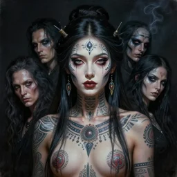 hyper realistic portrait painting, beautifully rendered, gorgeous young goddess of death with ceremonial markings and ritualistic tattoos, highly detailed painted by peter mohrbacher, hajime sorayama, wayne barlowe, boris vallejo, paolo eleuteri serpieri, dishonored 2, dark and moody, black smoke