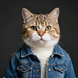 full head photo portrait of a cute cat made of jeans jacket, medium shot, super realistic, crisp details, sharp, detailed, intricate, volumetric lights, cinematic, shit with hasselblad, octane render