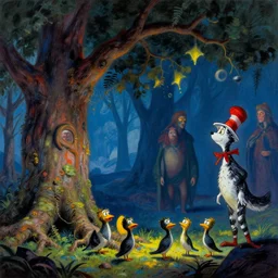 a splornfeld enborkenmeyer forkeling the gnorkgnork under a fumfum tree while the pippies peep | hannes bok and doctor seuss with joan semmel and hr giger pastel high contrast cinematic light, mystical shadows, sharp focus, divine realm of gods, octane render