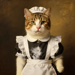 cat in a milkmaid outfit!!!!, proudly posing for a portrait, painted by rembrandt, intricate, detailed, atmospheric lighting, golden hour.