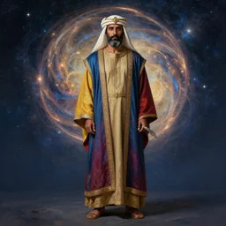 middle ages middle eastern colored clothing, middle aged man, dark complexion, well trimmed beard, 3 / 4 portrait, celestial, futuristic, head and full body view, rembrandt art style, realistic art style