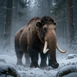 wooly mammoth emerging from fog, snowy forest, dramatic, cinematic, artstation, realistic photograph, ambient, dark shades of colors, unreal engine 5, rendered by octane