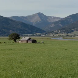 still frame from a wes anderson movie of a meadow with a small farmhouse with a river and mountains, at dusk with the milky way stars, 1 6 mm f 1. 4 lens, nikkor, canon, sigma, award - winning landscape photography
