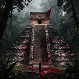 black blood - splattered mesoamerican jungle, stepped pyramid, dark fantasy art, fog, bloody visionary wallpaper