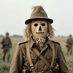 a soldier wearing a scarecrow mask in distance, ww1 film photo, grainy, high detail, high resolution