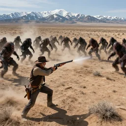 an ultradetailed image of jense ackles as an old west gunfighter shooting at a charging wendigo, horrifying supernatural monsters, ultrawide lens, aerial photography, desert landscape with snowy mountains in the far background, masterpiece, 8 k, art by greg rutkowski and albert bierstadt