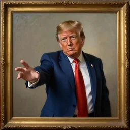 a portrait of donald trump who is reaching his arm out of the painting beyond the frame, surrealistic, supernatural - n 4
