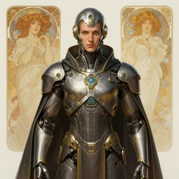 A full portrait of a scifi tech priest, intricate, elegant, highly detailed, digital painting, artstation, concept art, smooth, sharp focus, illustration, art by Krenz Cushart and Artem Demura and alphonse mucha