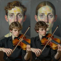 portrait of two young violin players getting ready to perform looking, half figure front, francis bacon and pat steir and hilma af klint and james jean and vincent lefevre, psychological, photorealistic, symmetrical faces, intriguing eyes, rendered in octane, altermodern, masterpiece