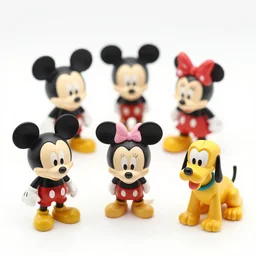 product photograph of cute vintage disney figurines, cute, chibi, popular, collectible, toys figures, mickey mouse, miney mouse, pluto, kawaii, toys, white background,