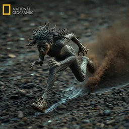 action photography, long shot, award winning macro photo of an ultra detailed muddy sadako running very fast on mud, dirt and dust, fast shutter speed, motion blur, tiny gaussian blur, highly detailed, highly intricate, depth of field, national geographic