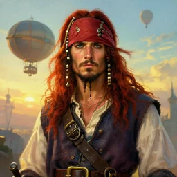 portrait painting of a handsome rugged long hair crimson hair male pirate, soft hair steampunk zeppelin in the sky sunset golden hour art by raphael lacoste and stephan martiniere greg rutkowski gaston bussiere fantasy soft hair trending on artstation deviantart book cover art concept art key art dramatic volumetric lighting, 4 k, award winning