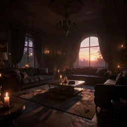 videogame screenshot of a dark dreamy luxury living room, candlelight, sunset glow, dusk, shadows, octane render, volumetric lighting, raytracing, wide shot low angle