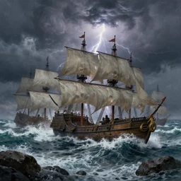 a fleet of ancient trojan ships, amidst crashing waves and rocks, in the style of aivazovsky, grim, lightning flashes, sky swirling with wind, dramatic, realistic, detailed, ancient, artstation, artgerm, digital painting