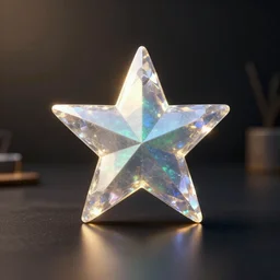 5 pointed star icon, translucent colorful precious crystal on a dark table, ray - tracing, beautiful, black opal, sharp focus, octane render, beautiful hdr 8 k, moody dark environment realistic, specular, detailed, unreal engine 5, golden hour, magical shimmering effect, light smoke, modern background wallpaper, wlop, chebokha, rutkowski