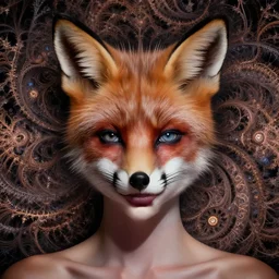 lsd, acid trip, intricate fractals, a detailed portrait of a beautiful woman with ( fox ) features, in professional makeup, dramatic lighting, by lois van baarle, ross tran, greg rutkowski, 4 k, trending on artstation