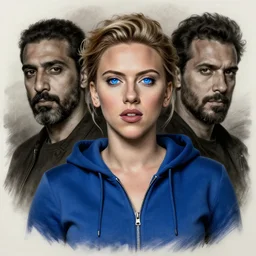 husam wleed and frank frazetta charcoal portrait of scarlett johansson with glowing blue eyes, wearing a blue hoody, full figure centered in portrait, 8 k, realistic, photo real, smooth, sharp, intricate detail, hyper detail, dramatic lighting, dramatic shading