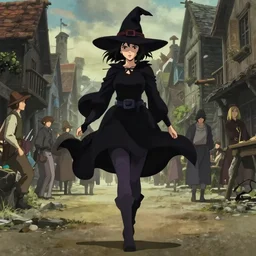 ilya kuvshinov, moody, key anime visual portrait of a young female witch walking through a busy medieval village, dynamic pose, dynamic perspective, cinematic, dramatic lighting, muted colors, detailed silhouette, textured, anime proportions, alphonse mucha, perfect anime face,, yoh yoshinari, takashi murakami