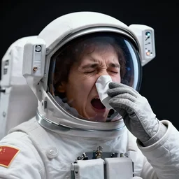 an astronaut sneezing into his helmet