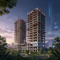 a beautiful photorealistic anime illustration of unfinished building building architecture industrial architecture condominium nature by alvaro leite siza vieira, tokyo crystal forest nature anime bladerunner 2 0 4 9 at dawn nightsky myst retrowave at dusk, archdaily, wallpaper, highly detailed, trending on artstation.