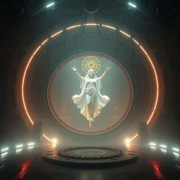 just only one lonely cyberpunk round portal!! bad omens, deathcore style of casson, a. j. dramatic lighting. the ceiling is hung with chaotic cables, a grace goddess floating in white and gold in the center. cinematic. 8 k, houdini render, octane render. ultra clear detailed.