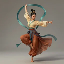 full body portrait of a dancer throwing silk belts, feet, barefoot, full body, tanned, vivacious, athletic, hanfu, chinese ribbon dance, wide ribbons, silk belt, wuxia, martial arts, ming dynasty, detailed, realistic face, anatomically accurate, fantasy illustration, dnd, deviantart, artstation, wlop.