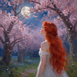 a beautiful painting of beautiful red haired fairy princess watching a cherry blossom forest, volumetric lighting, moonlit by greg rutkowski and kalin popov, trending on artstation, masterpiece,
